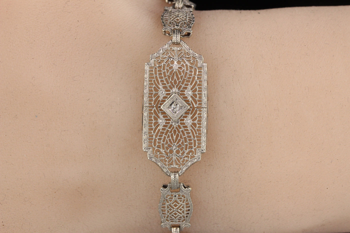Antique Art Deco 10K White Gold Diamond Bracelet