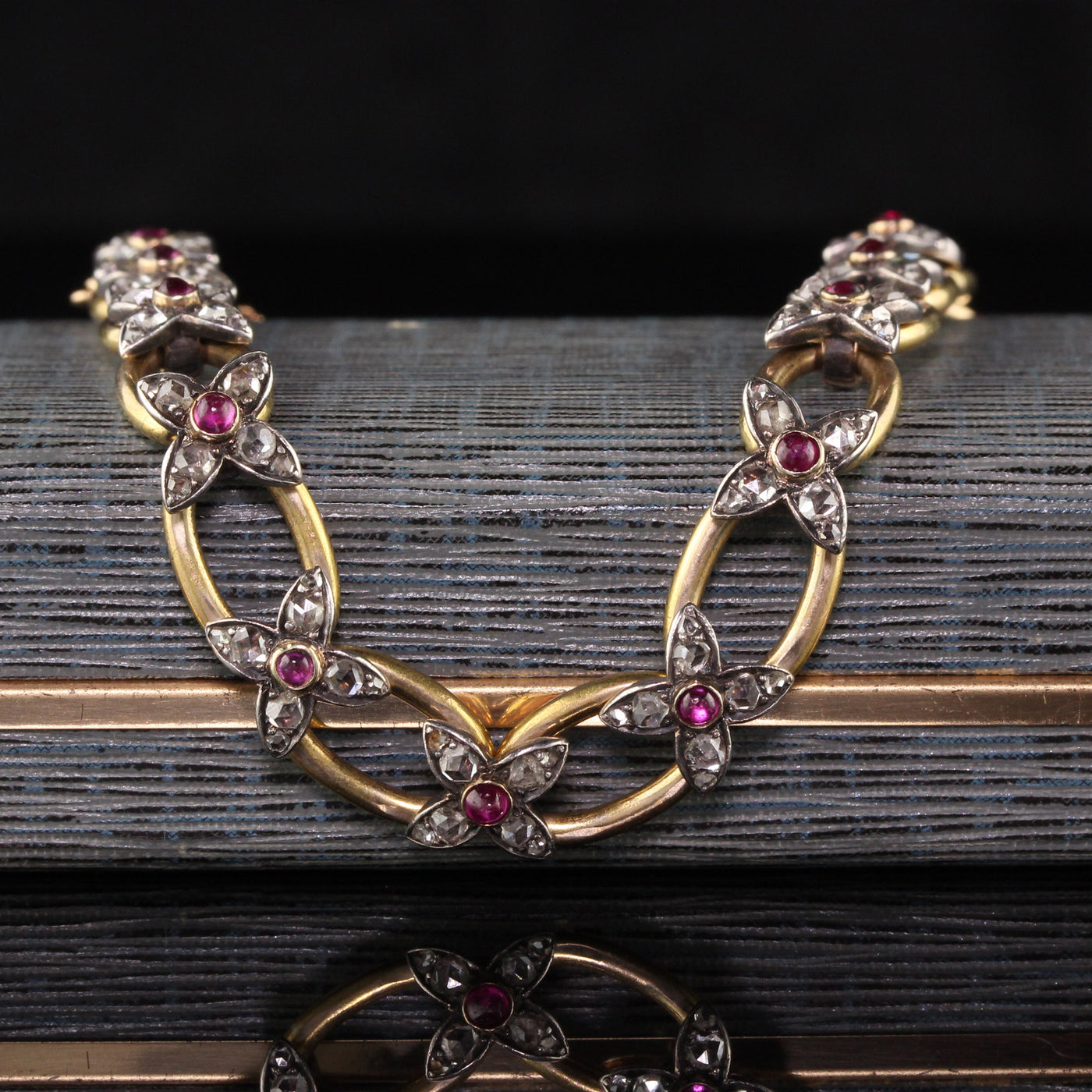 Antique Victorian 18K Yellow Gold and Silver Rose Cut Diamond and Ruby Bracelet