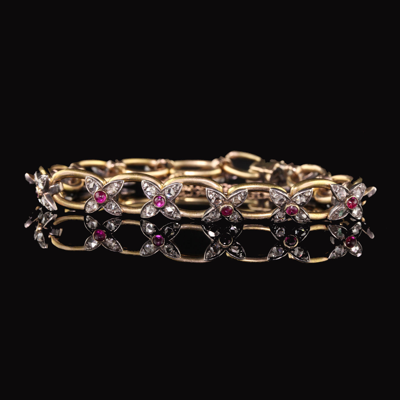 Antique Victorian 18K Yellow Gold and Silver Rose Cut Diamond and Ruby Bracelet