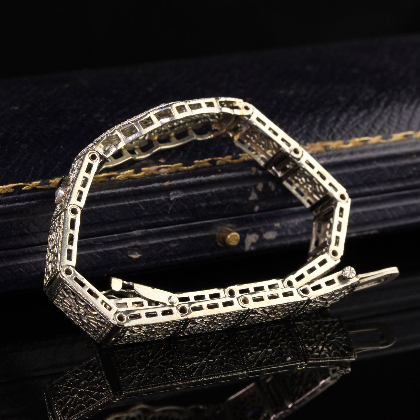 Antique Art Deco 10K White Gold Diamond and Sapphire Filigree Bracelet