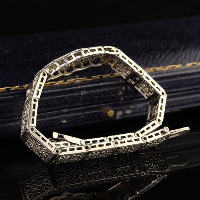 Antique Art Deco 10K White Gold Diamond and Sapphire Filigree Bracelet