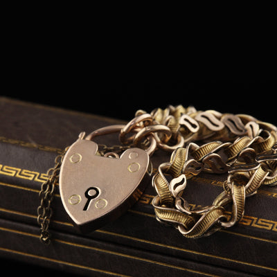 Antique Victorian 9K Yellow Gold Heart Lock Bracelet