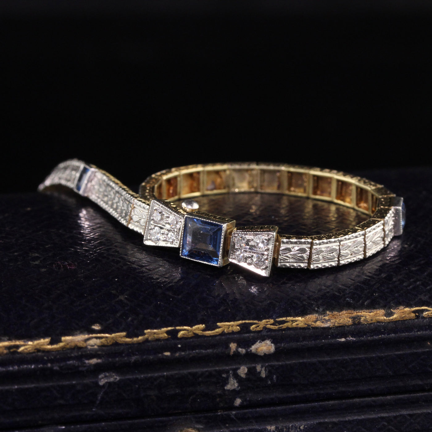 Antique Art Deco Allsopp and Allsopp 14K Yellow Gold Platinum Diamond and Sapphire Bracelet