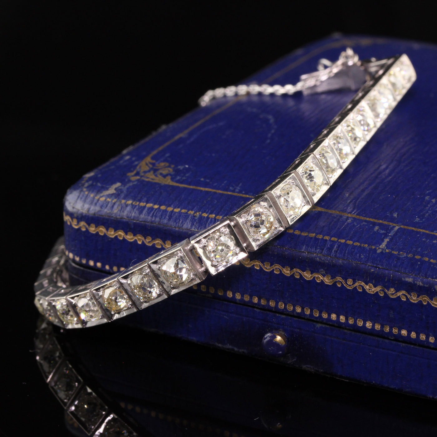 Antique Art Deco 14K White Gold Old Mine Cut Diamond Line Bracelet