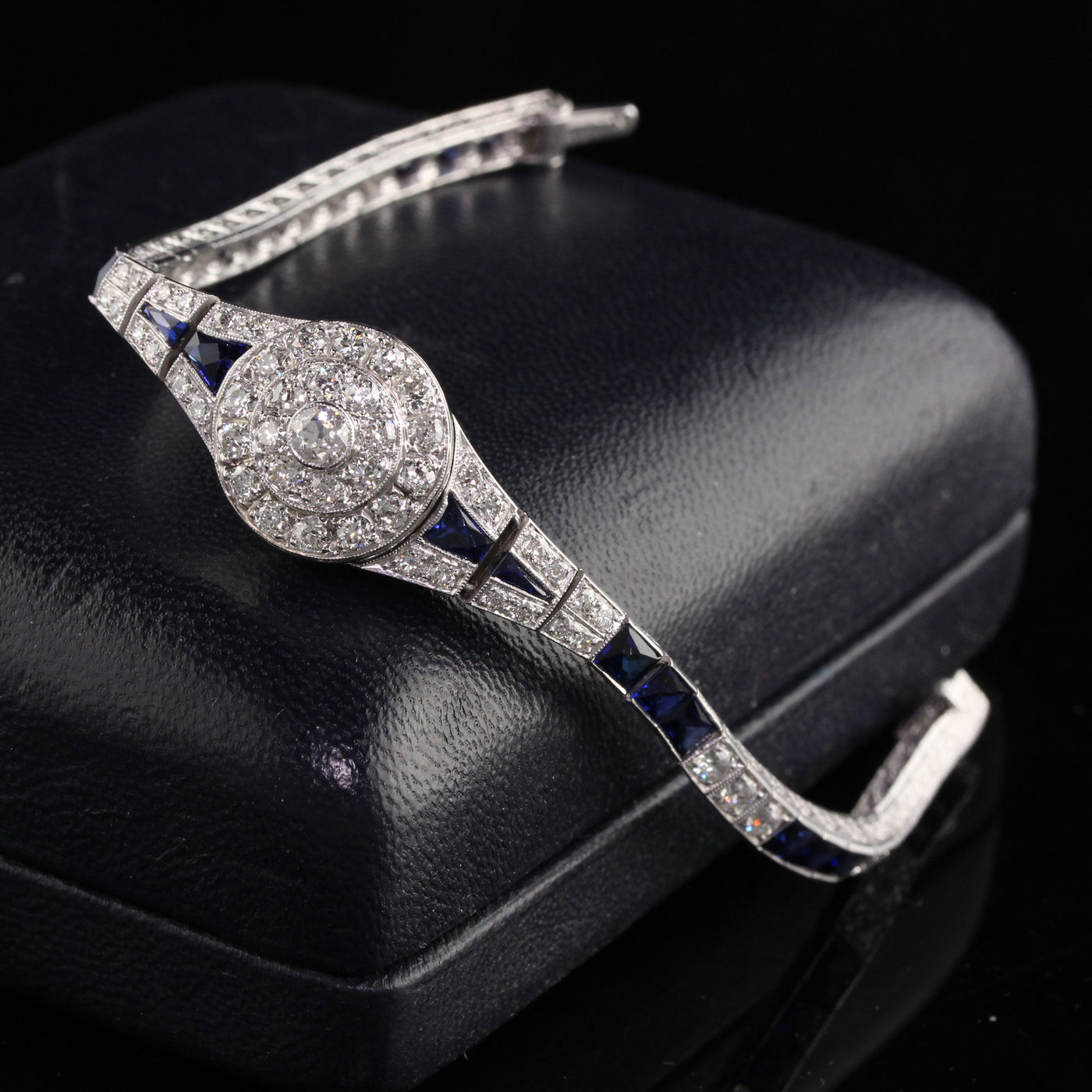 Antique Art Deco Platinum Old European Diamond French Cut Sapphire Bracelet