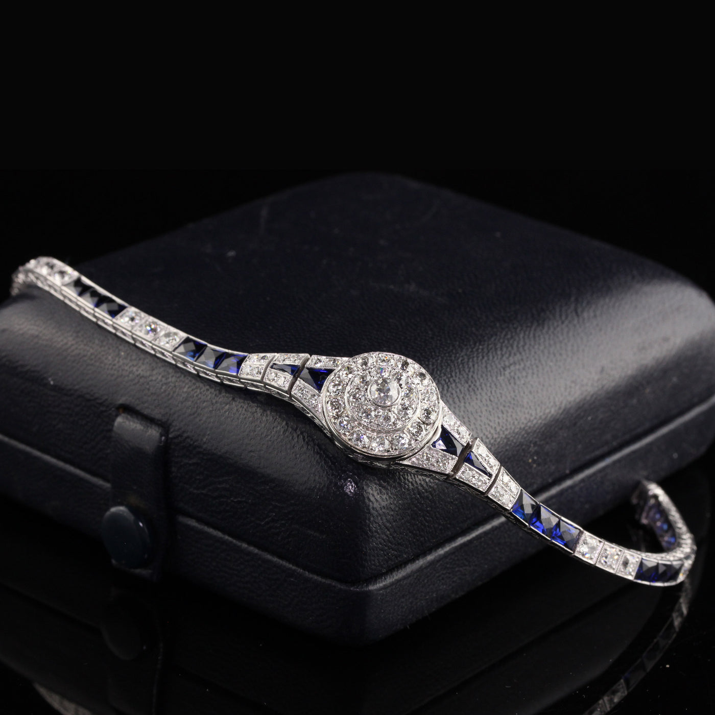Antique Art Deco Platinum Old European Diamond French Cut Sapphire Bracelet