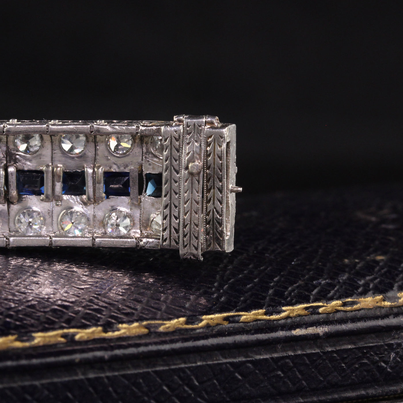 Antique Art Deco Platinum Old European Diamond and Sapphire Line Bracelet