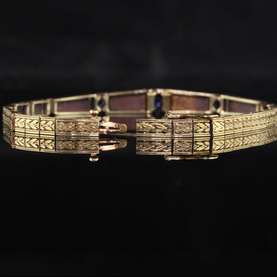 Antique Art Deco 18K Yellow Gold Yogo Gulch Sapphire Engraved Bracelet