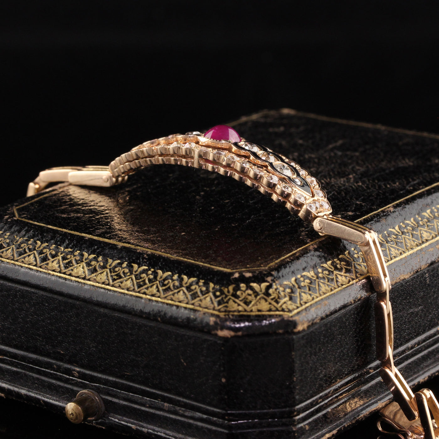 Antique Victorian 14K Rose Gold Old Mine Diamond and Cabochon Ruby Bracelet