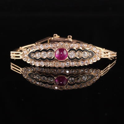 Antique Victorian 14K Rose Gold Old Mine Diamond and Cabochon Ruby Bracelet
