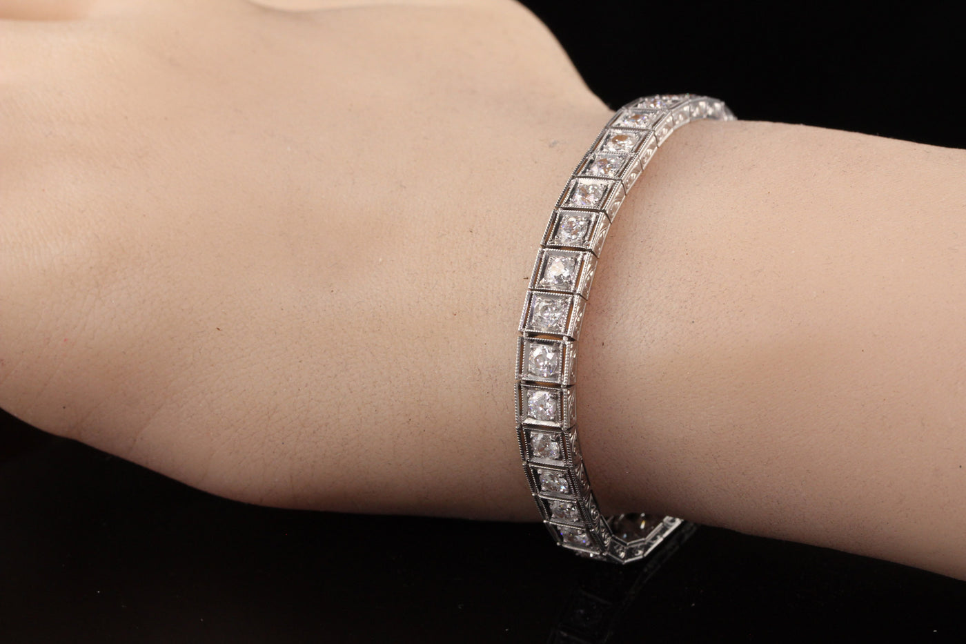 Antique Art Deco Platinum Old European Diamond Engraved Tennis Bracelet