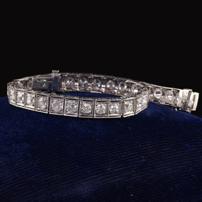 Antique Art Deco Platinum Old European Diamond Engraved Tennis Bracelet