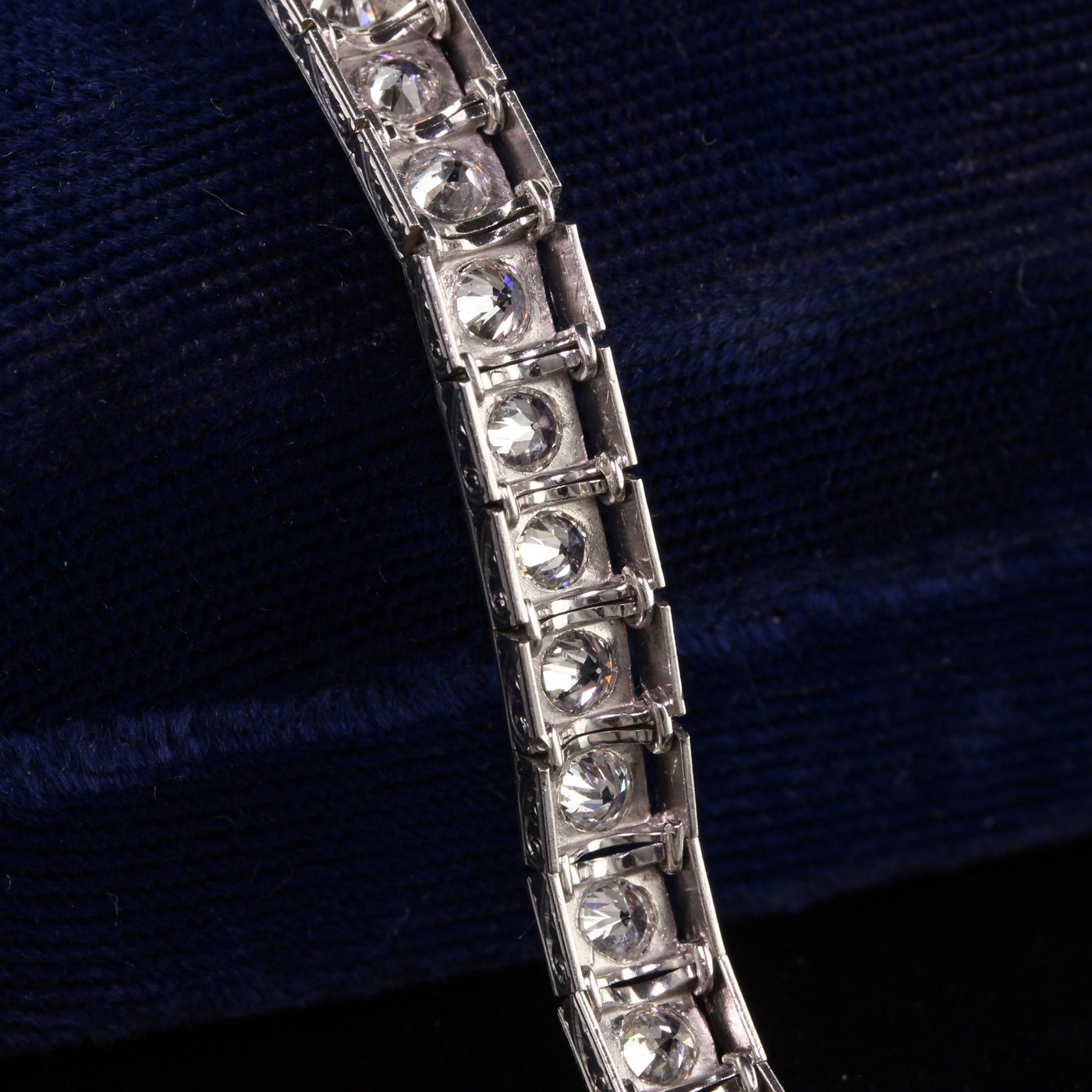 Antique Art Deco Platinum Old European Diamond Engraved Tennis Bracelet