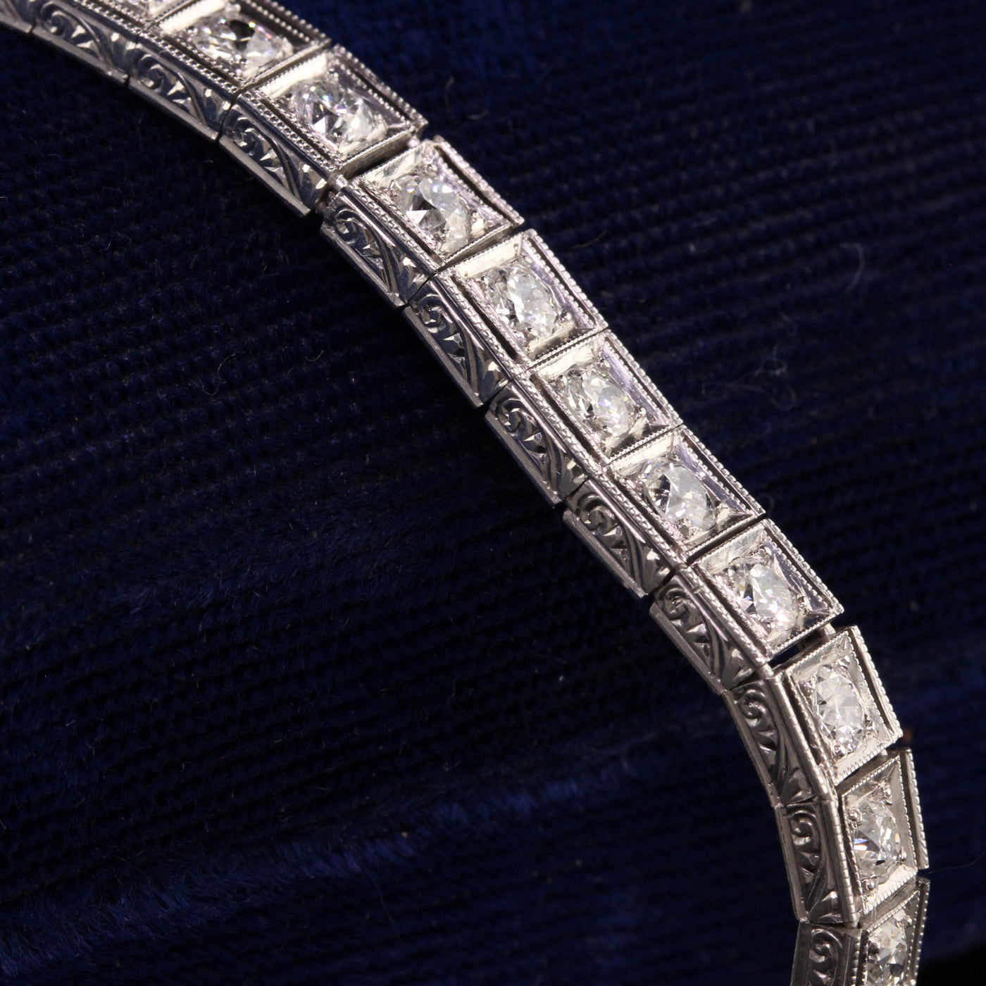 Antique Art Deco Platinum Old European Diamond Engraved Tennis Bracelet