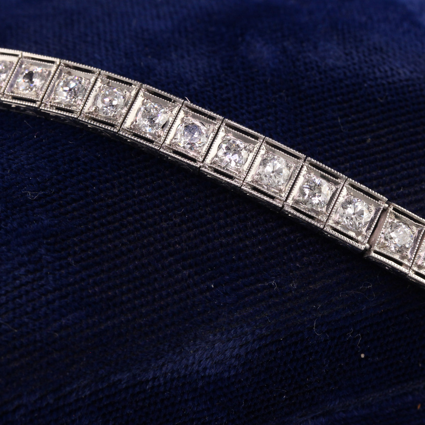 Antique Art Deco Platinum Old European Diamond Engraved Tennis Bracelet