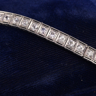 Antique Art Deco Platinum Old European Diamond Engraved Tennis Bracelet