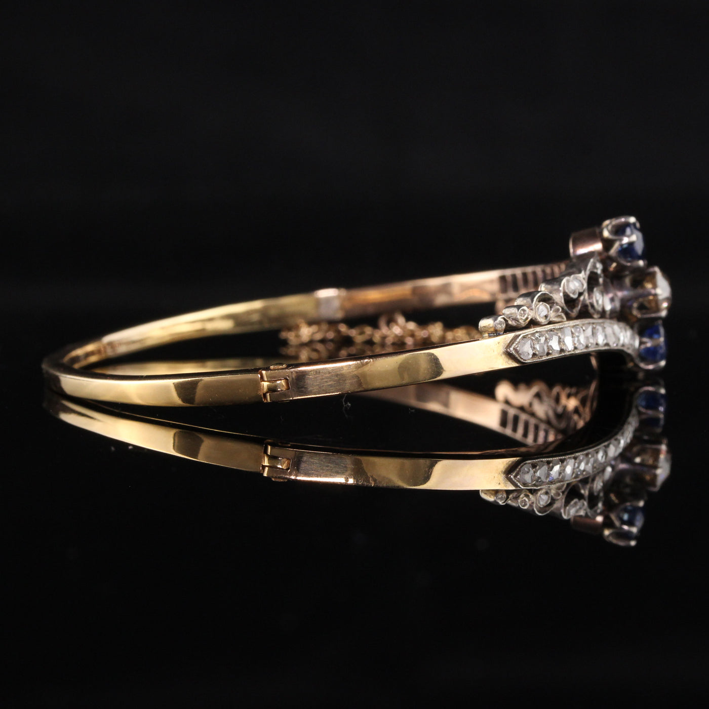 Antique Victorian 14K Yellow Gold Rose Cut Diamond and Sapphire Bangle Bracelet