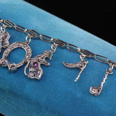Antique Art Deco Platinum Diamond Ruby Sapphire Charm Bracelet
