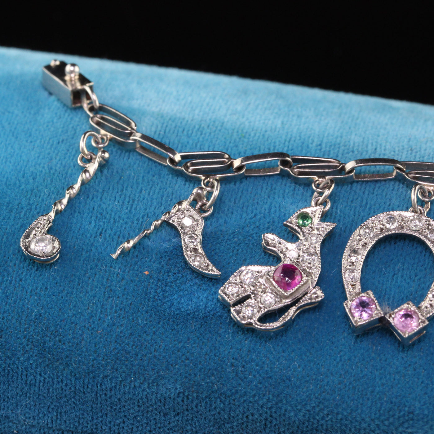 Antique Art Deco Platinum Diamond Ruby Sapphire Charm Bracelet