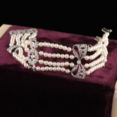 Antique Edwardian Platinum Rose Cut Diamond Arrow and Bow Pearl Bracelet