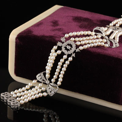 Antique Edwardian Platinum Rose Cut Diamond Arrow and Bow Pearl Bracelet