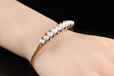 Antique Victorian 18K Yellow Gold Natural Pearl Rose Cut Diamond Bangle