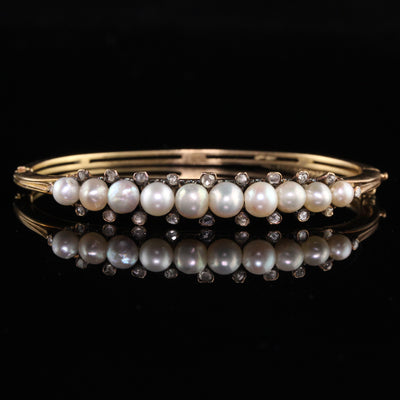 Antique Victorian 18K Yellow Gold Natural Pearl Rose Cut Diamond Bangle