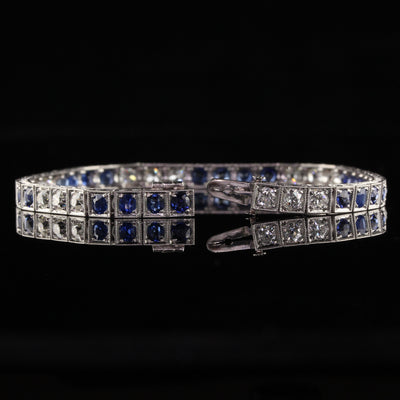 Antique Art Deco Platinum Old European Diamond and Sapphire Tennis Bracelet