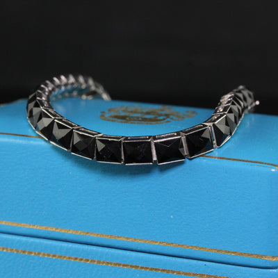 Antique Art Deco Platinum French Cut Onyx Line Tennis Bracelet