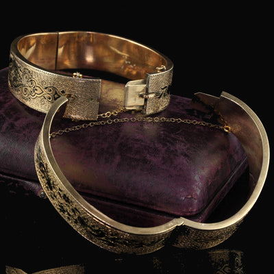 Antique Victorian 12K Yellow Gold Wide Engraved Enamel Bangle Bracelet Set