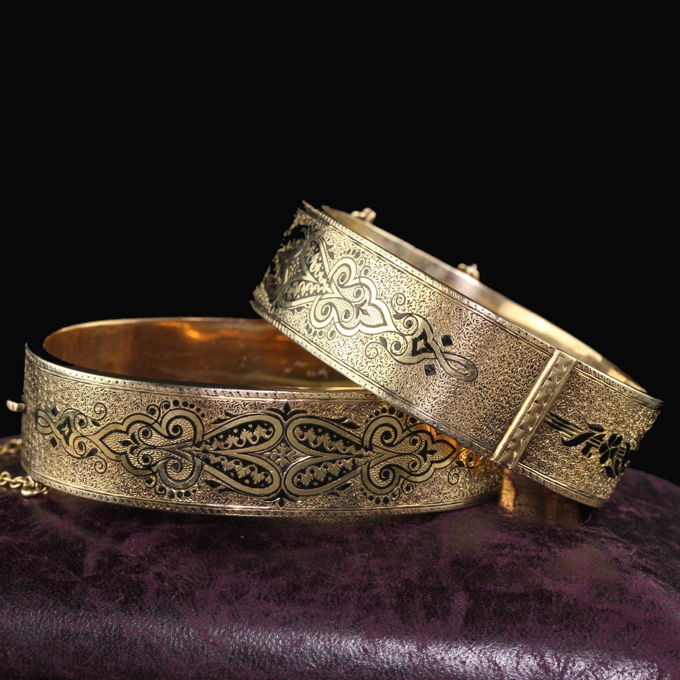 Antique Victorian 12K Yellow Gold Wide Engraved Enamel Bangle Bracelet Set
