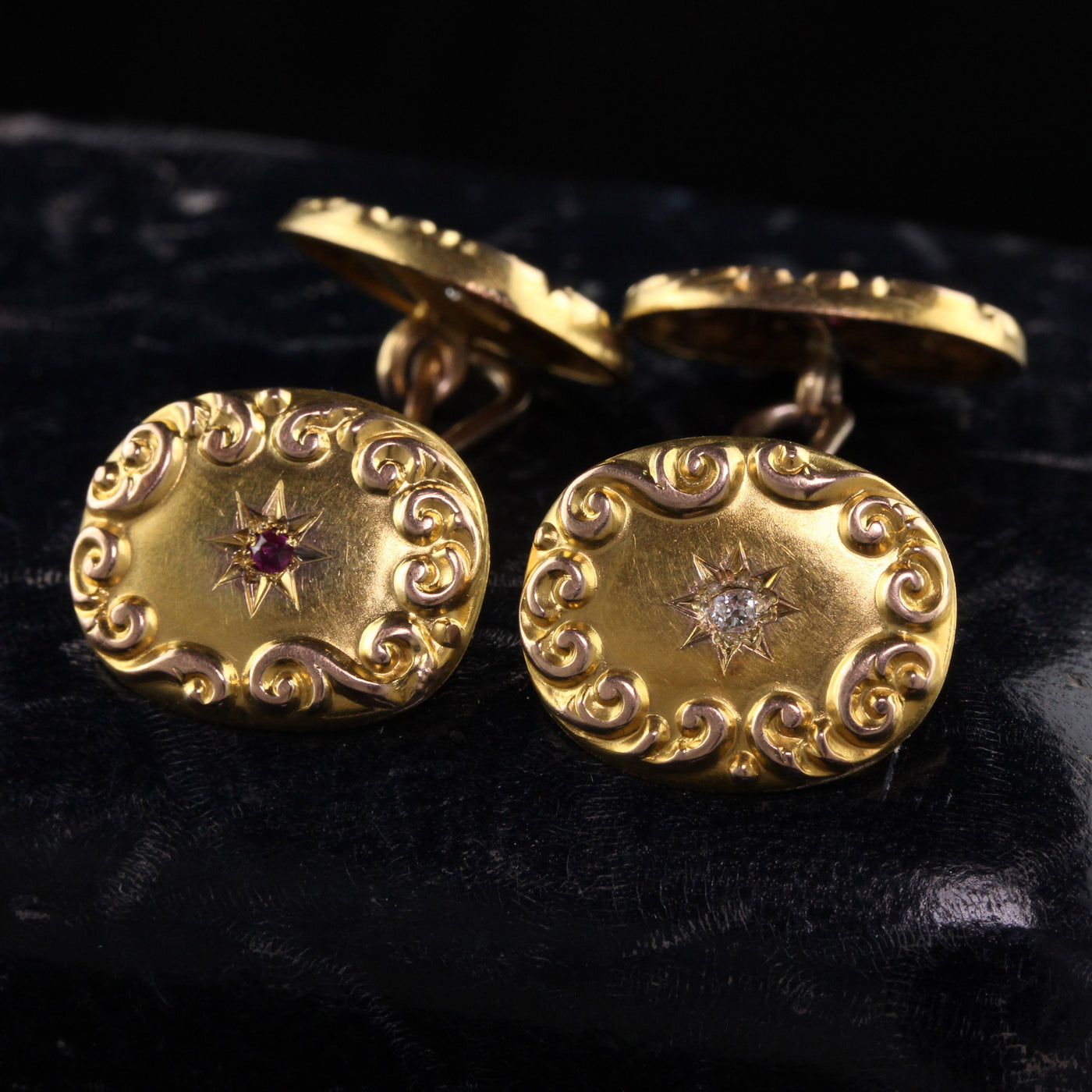Antique Victorian 14K Yellow Gold Old Mine Diamond Ruby Cufflinks