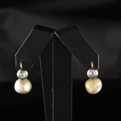 Antique Victorian 18K Yellow Gold Diamond and Pearl Earrings