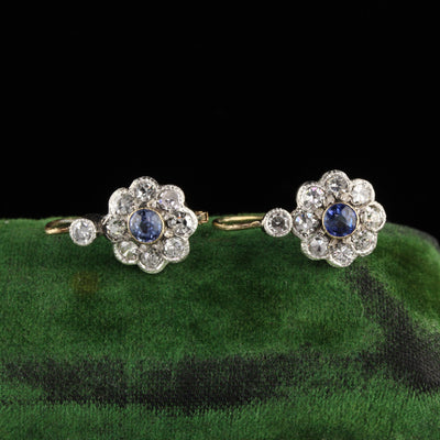 Antique Victorian 14K Yellow Gold Single Cut Diamond and Sapphire Drop Earrings