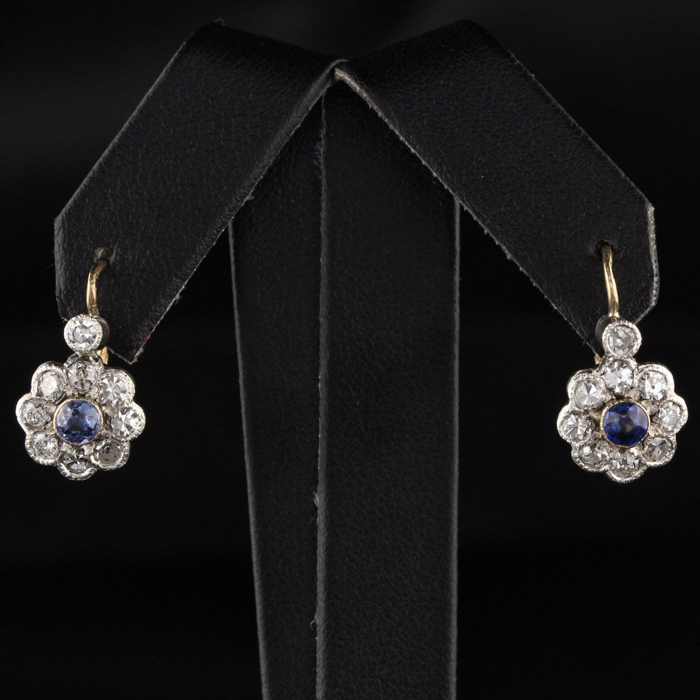 Antique Victorian 14K Yellow Gold Single Cut Diamond and Sapphire Drop Earrings
