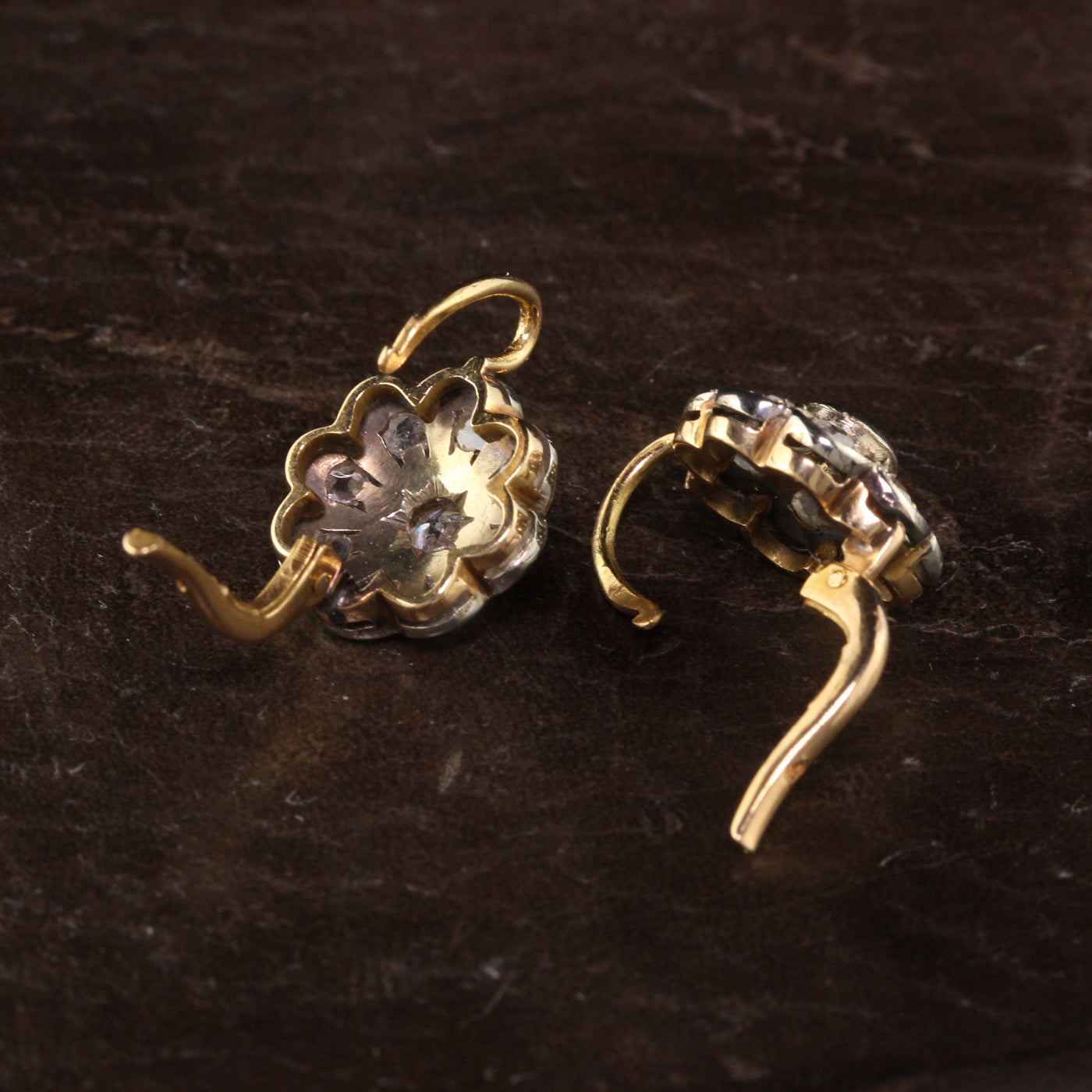 Antique Victorian 18K Yellow Gold Platinum Top Diamond Cluster Earrings