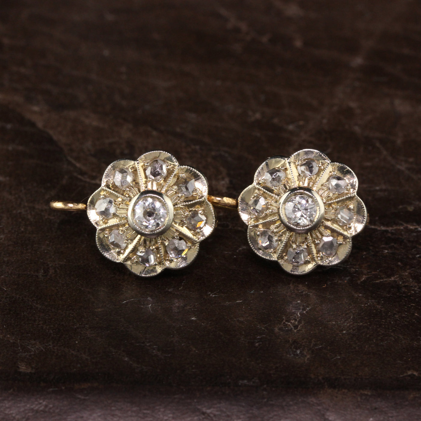 Antique Victorian 18K Yellow Gold Platinum Top Diamond Cluster Earrings