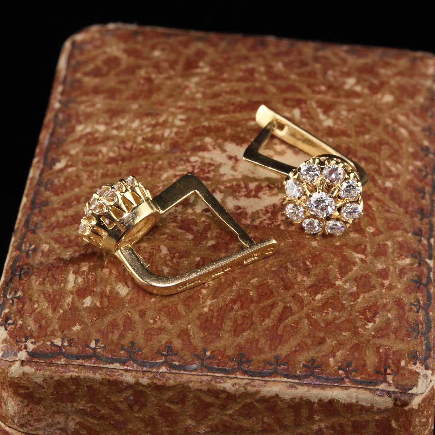 Vintage Estate Russian 18K Yellow Gold Diamond Cluster Earrings