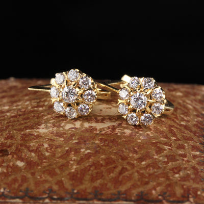 Vintage Estate Russian 18K Yellow Gold Diamond Cluster Earrings