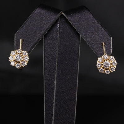 Vintage Estate Russian 18K Yellow Gold Diamond Cluster Earrings