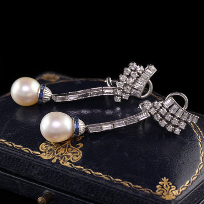 Antique Art Deco Palladium Diamond Sapphire Pearl Drop Earrings