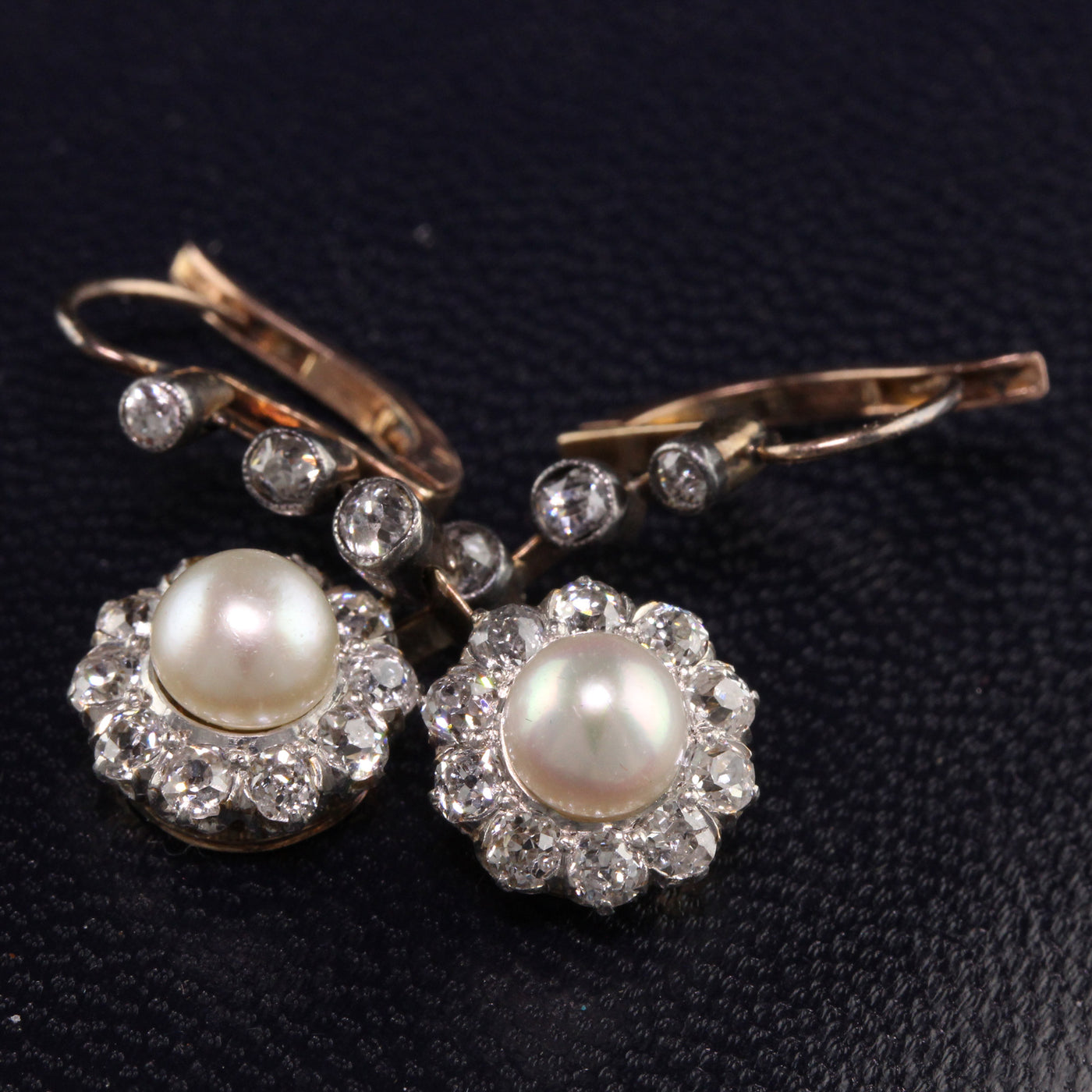 Antique Victorian 14K Rose Gold and Silver Top Old Mine Diamond and Pearl Earrings