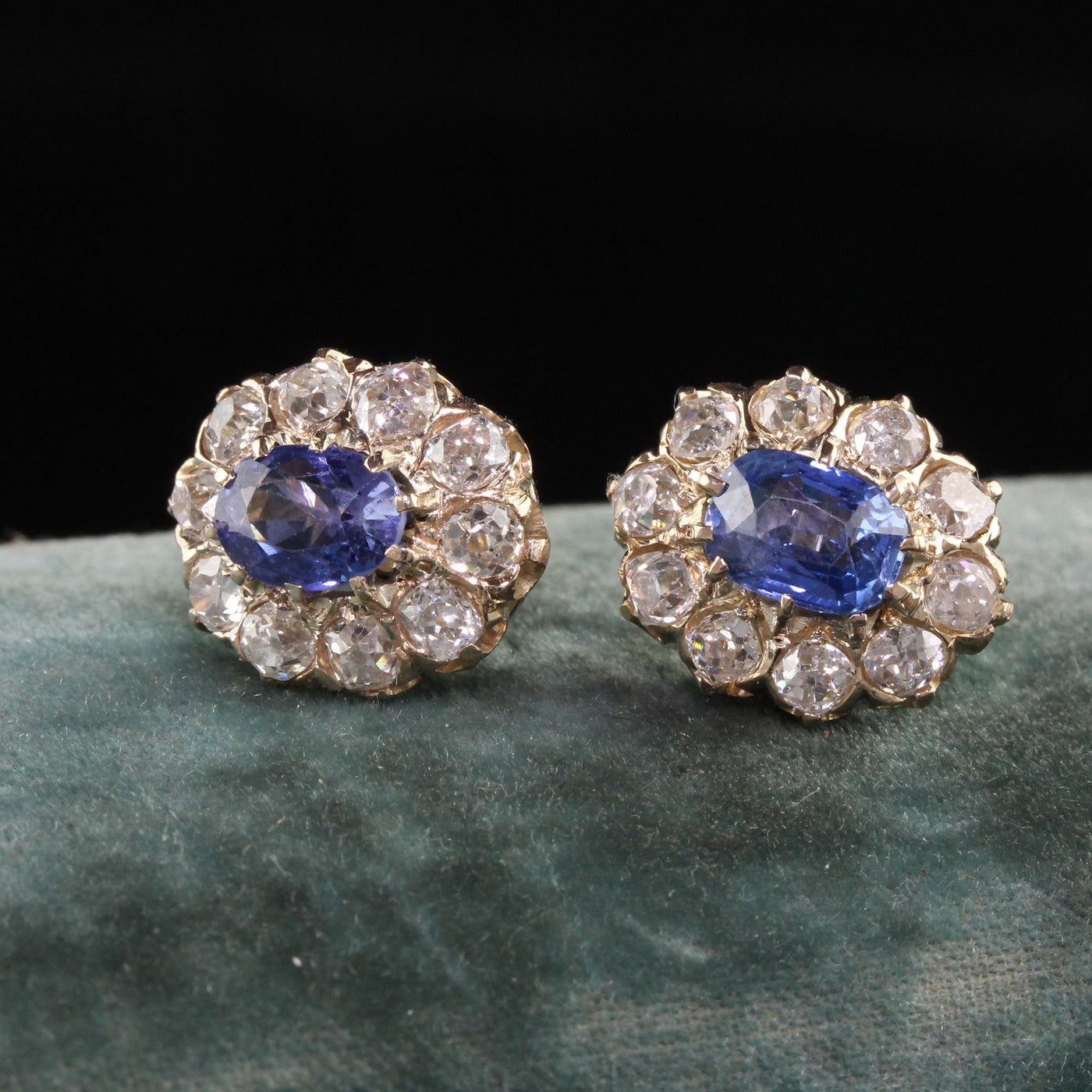 Antique Victorian 14K Yellow Gold Old Mine Diamond and Sapphire Earrings