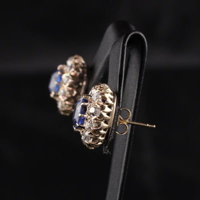Antique Victorian 14K Yellow Gold Old Mine Diamond and Sapphire Earrings
