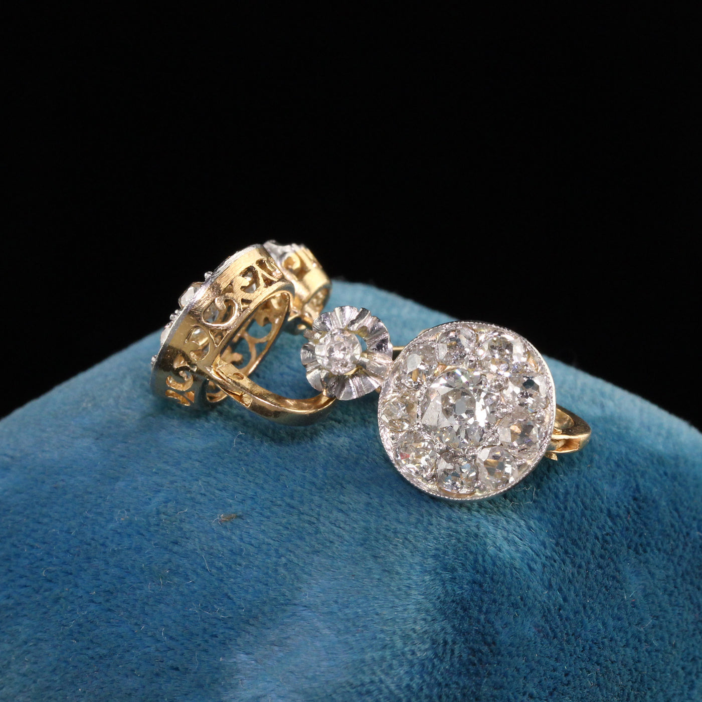 Antique Victorian 18K Yellow Gold Platinum Top Old Mine Diamond Cluster Earrings
