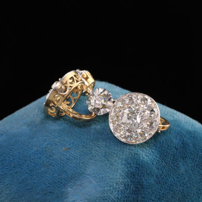 Antique Victorian 18K Yellow Gold Platinum Top Old Mine Diamond Cluster Earrings