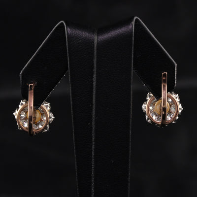 Antique Victorian 18K Rose Gold Platinum Top Old Mine Diamond and Pearl Earrings