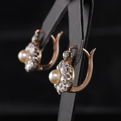 Antique Victorian 18K Rose Gold Platinum Top Old Mine Diamond and Pearl Earrings