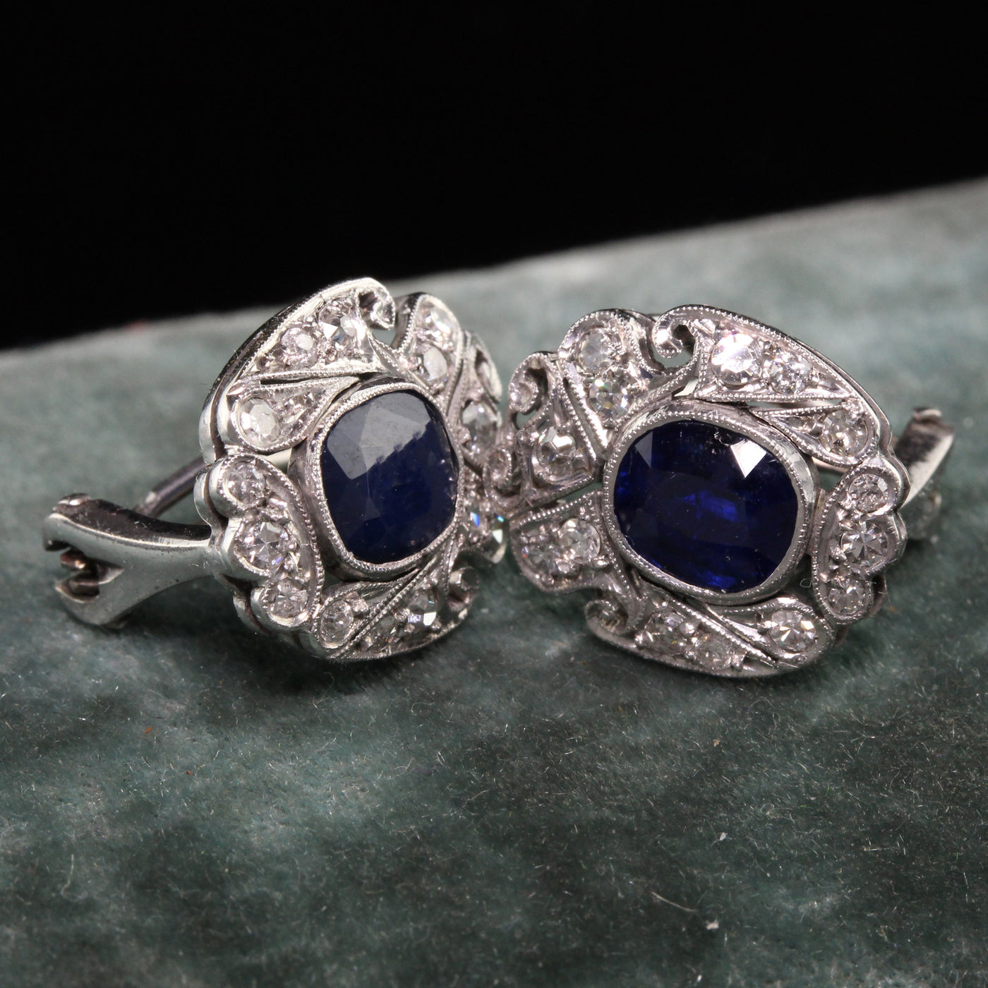 Antique Art Deco 14K White Gold Diamond and Sapphire Earrings