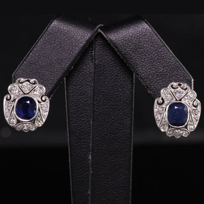 Antique Art Deco 14K White Gold Diamond and Sapphire Earrings